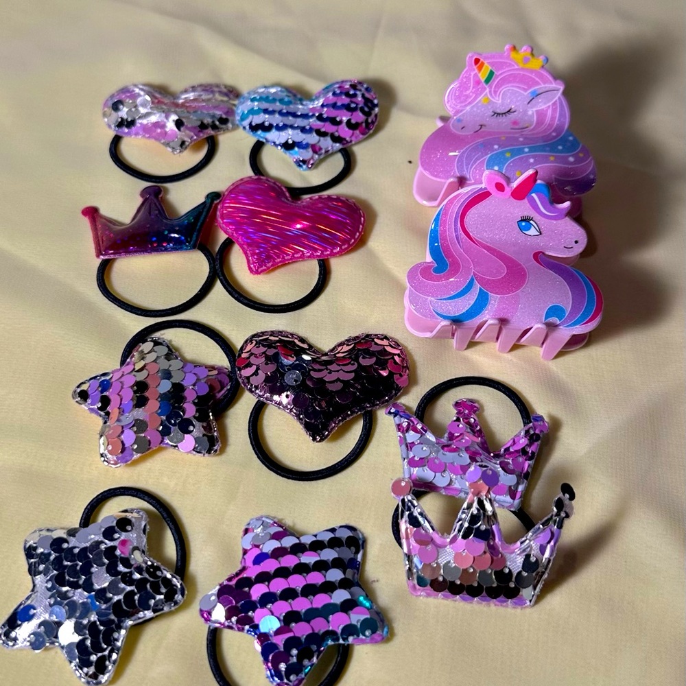 Girl hair accessories 💢10 pcs hair ties, 💢2 Unicorns 🦄 hair clips 💢